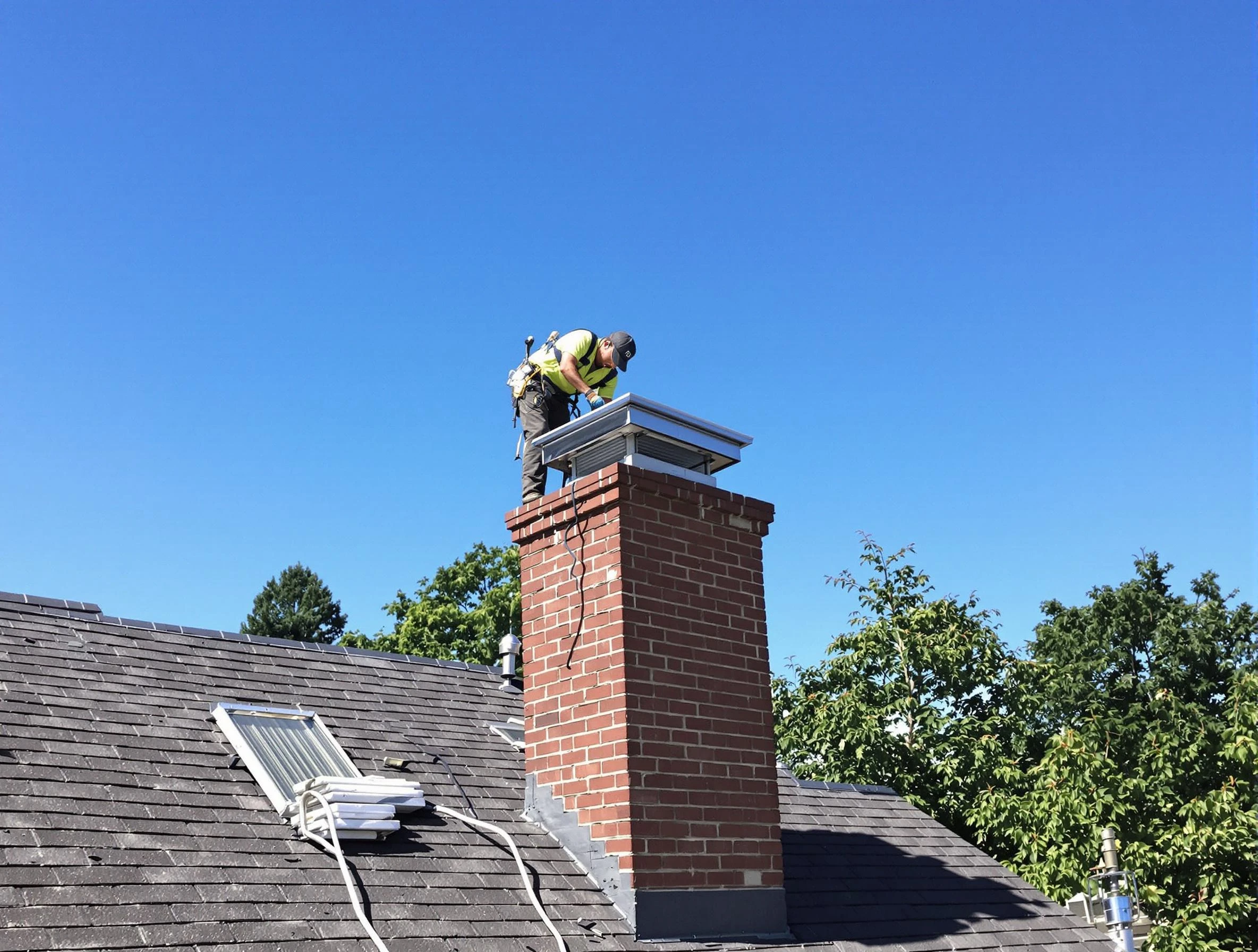 Attleboro Chimney Sweep technician measuring a chimney cap in Attleboro, MA